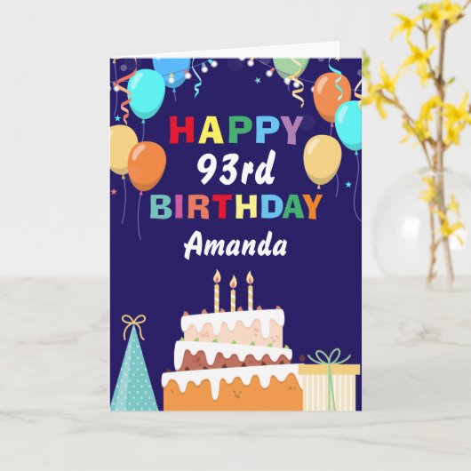 93e Happy Birthday Balloons Cake Navy Blue Kaart (Gele Bloem)