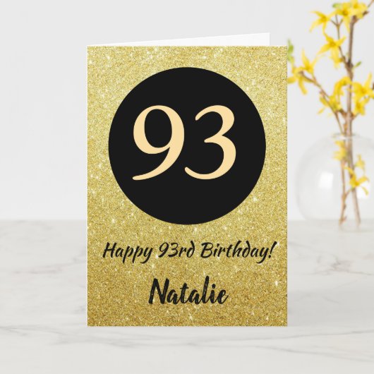 93e Happy Birthday Zwart en Goud Glitter Kaart (Gele Bloem)