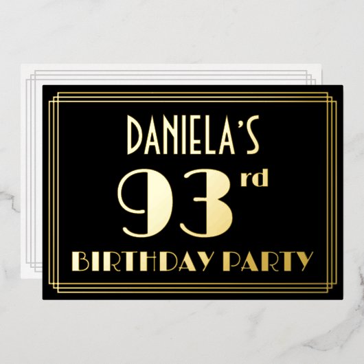 93e verjaardag: Art Deco Kijk "93", met naam Folie Uitnodiging (Voorkant / Achterkant)