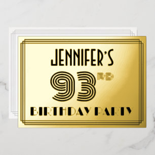 93e verjaardag — Art Deco Style "93" en naam Folie Uitnodiging