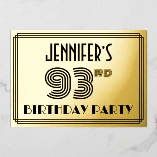 93e verjaardag — Art Deco Style "93" en naam Folie Uitnodiging (Voorkant)