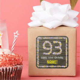 93e verjaardag: Bloemgetal, Faux Wood Look, Naam Vierkante Sticker