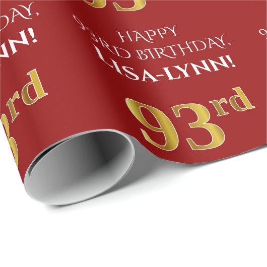 93e verjaardag: Elegant, rood, Faux Gold look Cadeaupapier (Rol Hoek)