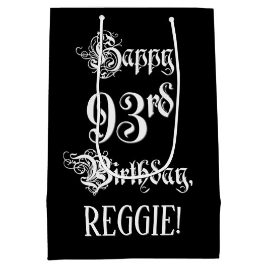93e verjaardag: Fancy, elegant script + aangepaste Medium Cadeauzakje (Achterkant)