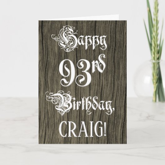 93e verjaardag: Fancy, elegante tekst; Faux Wood K Kaart (Voorkant)