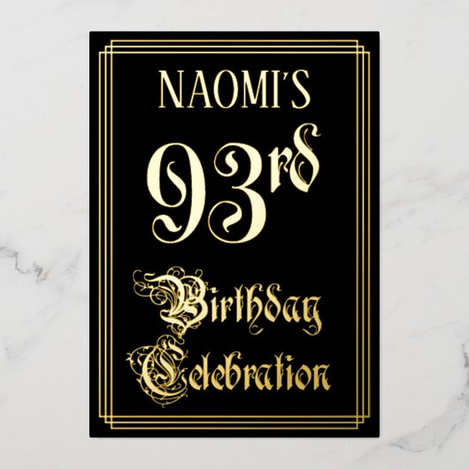 93e verjaardag — Fancy script en aangepaste naam Folie Uitnodiging (Voorkant)