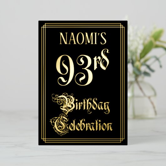 93e verjaardag — Fancy script en aangepaste naam Folie Uitnodiging (Staand Voorkant)