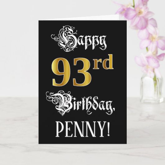 93e verjaardag — Fancy script; Faux Gold Kijk; naa Kaart (Orchidee)