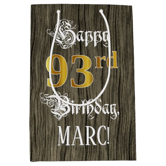 93e verjaardag: Faux Gold look & Faux Wood Pattern Medium Cadeauzakje (Voorkant)