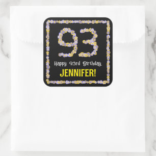 93e verjaardag: Floral Flowers Number, Custom Name Vierkante Sticker