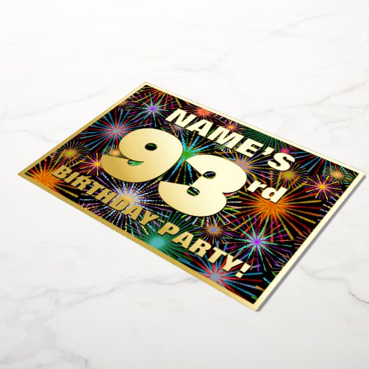 93e verjaardag — Fun, kleurrijke Fireworks-look Folie Uitnodiging (Gedraaid)