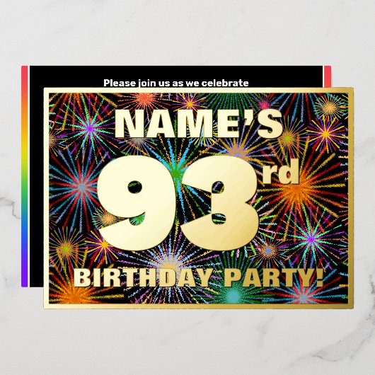 93e verjaardag — Fun, kleurrijke Fireworks-look Folie Uitnodiging (Voorkant / Achterkant)