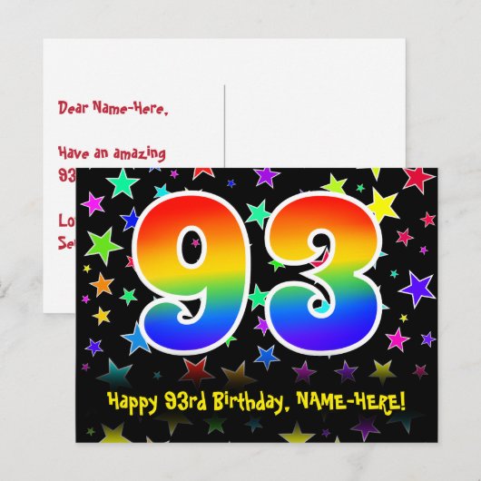 93e verjaardag: leuk sterrenpatroon, regenboog 93, briefkaart (Voorkant / Achterkant)