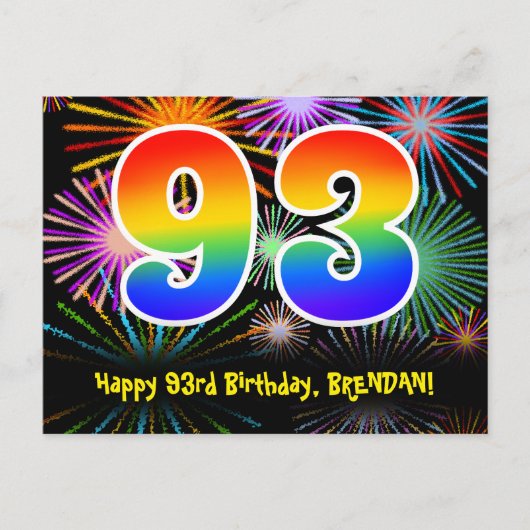 93e verjaardag – Leuke vuurwerkpatroon + Regenboog Briefkaart (Voorkant)
