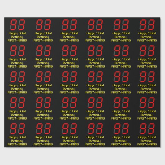 93e verjaardag: Red Digital Clock Style "93" + naa Cadeaupapier (Vlak)