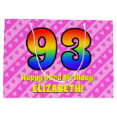 93e verjaardag: roze strips & harten, regenboognr. groot cadeauzakje (Achterkant)