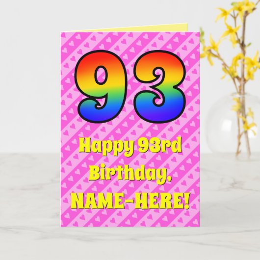93e verjaardag: roze strips & harten, regenboognr. kaart (Gele Bloem)
