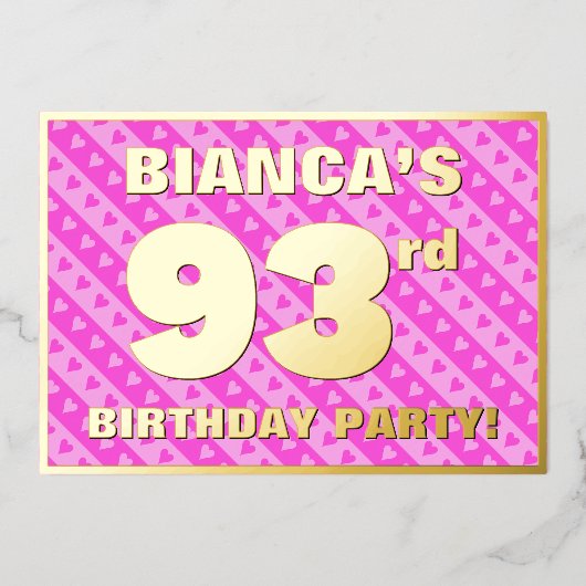 93e verjaardag — vuurroze harten en strips folie uitnodiging (Voorkant)