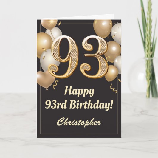 93rd Birthday Black en Gold Balloons Confetti Kaart (Voorkant)