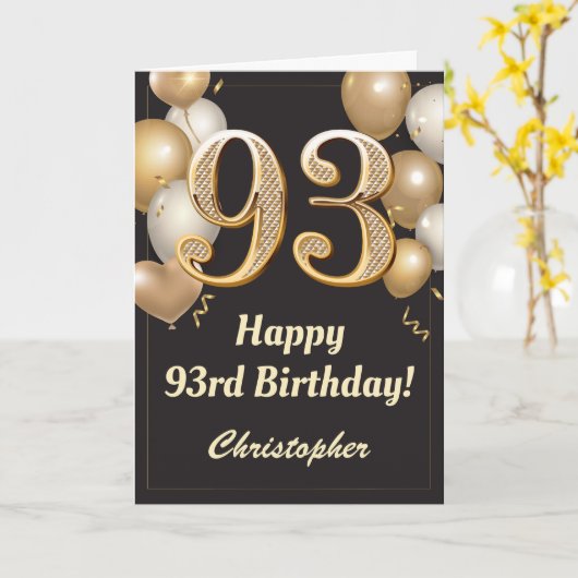 93rd Birthday Black en Gold Balloons Confetti Kaart (Gele Bloem)