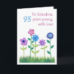 93rd Birthday Card for a Grandmother - Flowers Kaart<br><div class="desc">Een chique,  bloemige 93e verjaardag Kaart voor een oma,  uit een handgeschilderde papieren collage van Judy Adamson. Neem contact met me op via mijn winkel als je wilt dat de tekst op de voorkant wordt gewijzigd en voel je vrij om het interne bericht zelf aan te passen.</div>