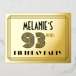 93rd Birthday Party ~ Art Deco Style “93” + Name Folie Uitnodiging Briefkaart