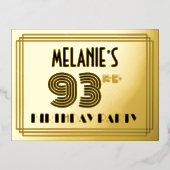 93rd Birthday Party ~ Art Deco Style “93” + Name Folie Uitnodiging Briefkaart (Voorkant)