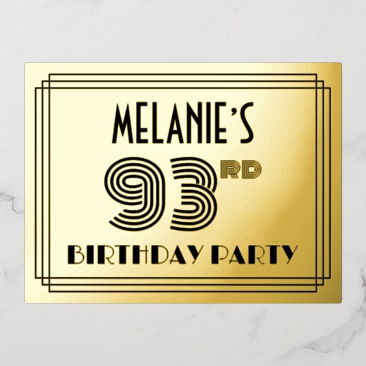 93rd Birthday Party ~ Art Deco Style “93” + Name Folie Uitnodiging Briefkaart (Voorkant)