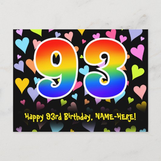 93ste verjaardag: Fun Hearts Pattern, Regenboog 93 Briefkaart (Voorkant)