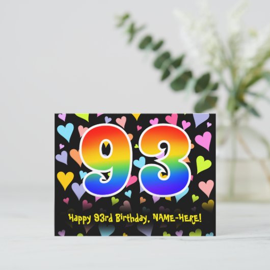93ste verjaardag: Fun Hearts Pattern, Regenboog 93 Briefkaart (Staand voorkant)