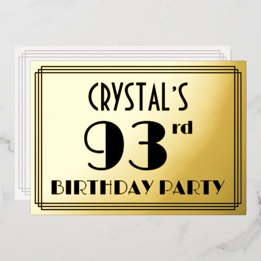 93ste verluardag Feest — Art Deco Uiterlijk “93” + Folie Uitnodiging (Voorkant / Achterkant)