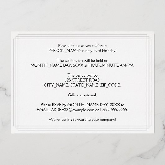 93ste verluardag Feest — Art Deco Uiterlijk “93” + Folie Uitnodiging (Achterkant)