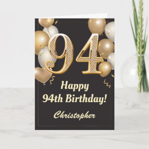 94e Birthday Black en Gold Balloons Confetti Kaart