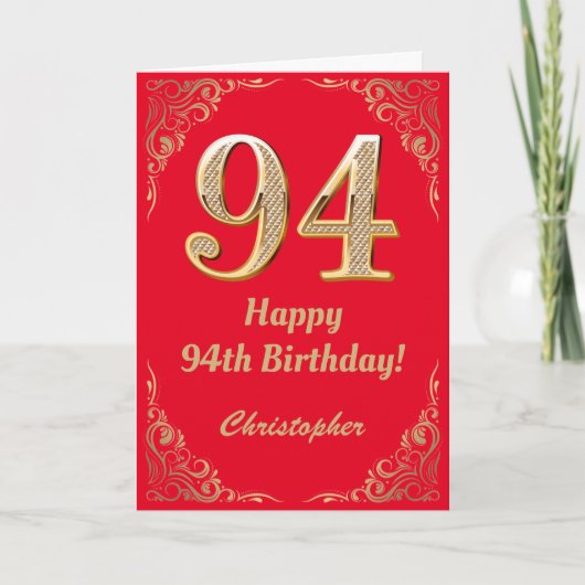 94e Birthday Red en Gold Glitter Lijst Kaart (Voorkant)