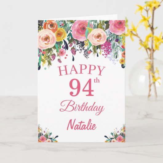 94e Birthday Waterverf Floral Flowers Pink Card Kaart (Gele Bloem)
