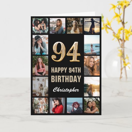 94e Happy Birthday Black en Gold Photo Collage Kaart (Gele Bloem)