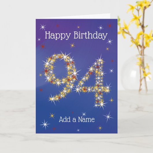 94e verjaardag - 94 in sterren - blauw - leeftijd  kaart (Gele Bloem)