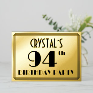 94e verjaardag — Art Deco look "94" + Naam Folie Uitnodiging