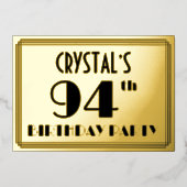 94e verjaardag — Art Deco look "94" + Naam Folie Uitnodiging (Voorkant)