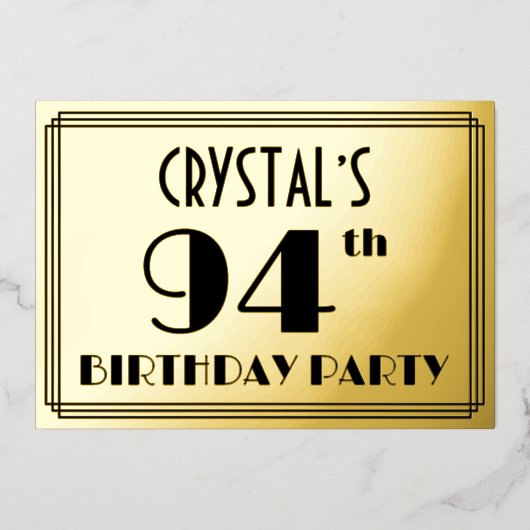 94e verjaardag — Art Deco look "94" + Naam Folie Uitnodiging (Voorkant)
