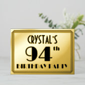 94e verjaardag — Art Deco look "94" + Naam Folie Uitnodiging (Staand Voorkant)