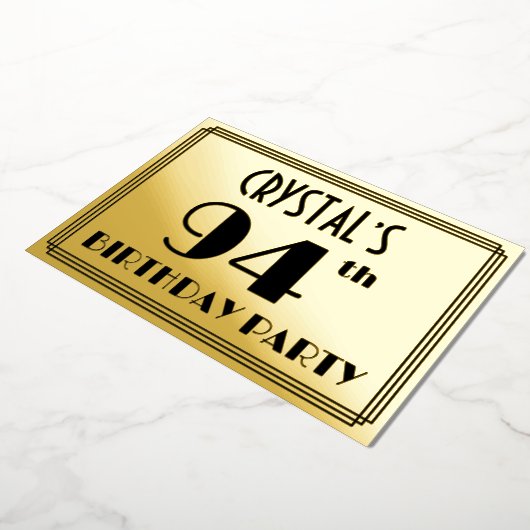 94e verjaardag — Art Deco look "94" + Naam Folie Uitnodiging (Gedraaid)