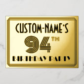 94e verjaardag — Art Deco Style "94" en naam Folie Uitnodiging (Voorkant)