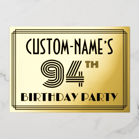 94e verjaardag — Art Deco Style "94" en naam Folie Uitnodiging (Voorkant)
