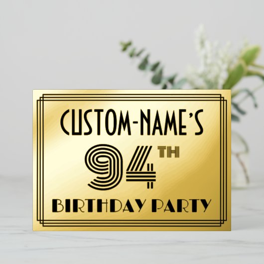 94e verjaardag — Art Deco Style "94" en naam Folie Uitnodiging (Staand Voorkant)
