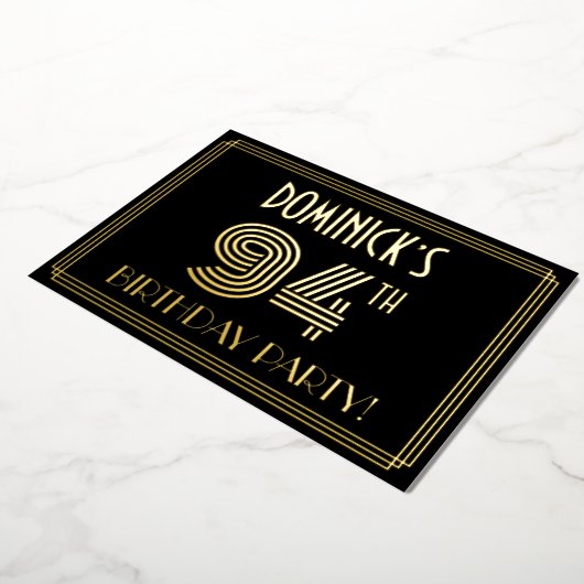94e verjaardag — Art Deco Style "94" + Naam Folie Uitnodiging (Gedraaid)