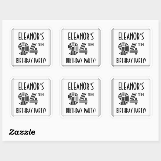 94e verjaardag: Art Deco Style + aangepaste naam Vierkante Sticker (Vel)