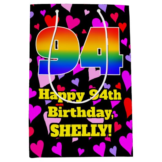 94e verjaardag: Beeldende harten Patroon, Regenboo Medium Cadeauzakje (Voorkant)