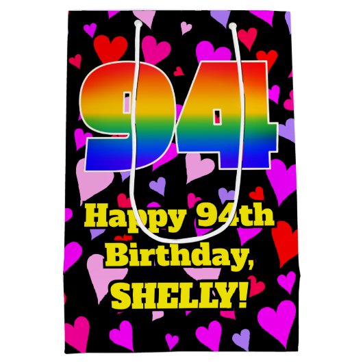 94e verjaardag: Beeldende harten Patroon, Regenboo Medium Cadeauzakje (Achterkant)