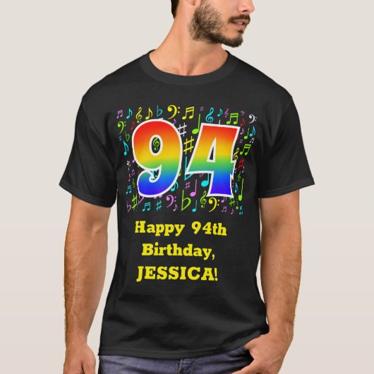 94e verjaardag: Colorful Music Symbols, Rainbow 94 T-shirt (Voorkant)